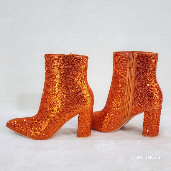 Crystel Orange Rhinestone Block Heel Ankle Boots - Picture 2 of 7